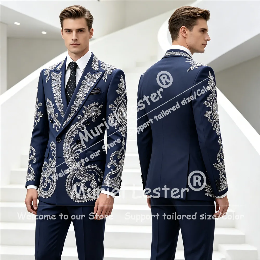 

Luxury Rhinestone Beaded Men Suits Customized Peaked Lapel Wedding Groom Tuxedos 2 Pieces Male Prom Blazer trajes para hombre