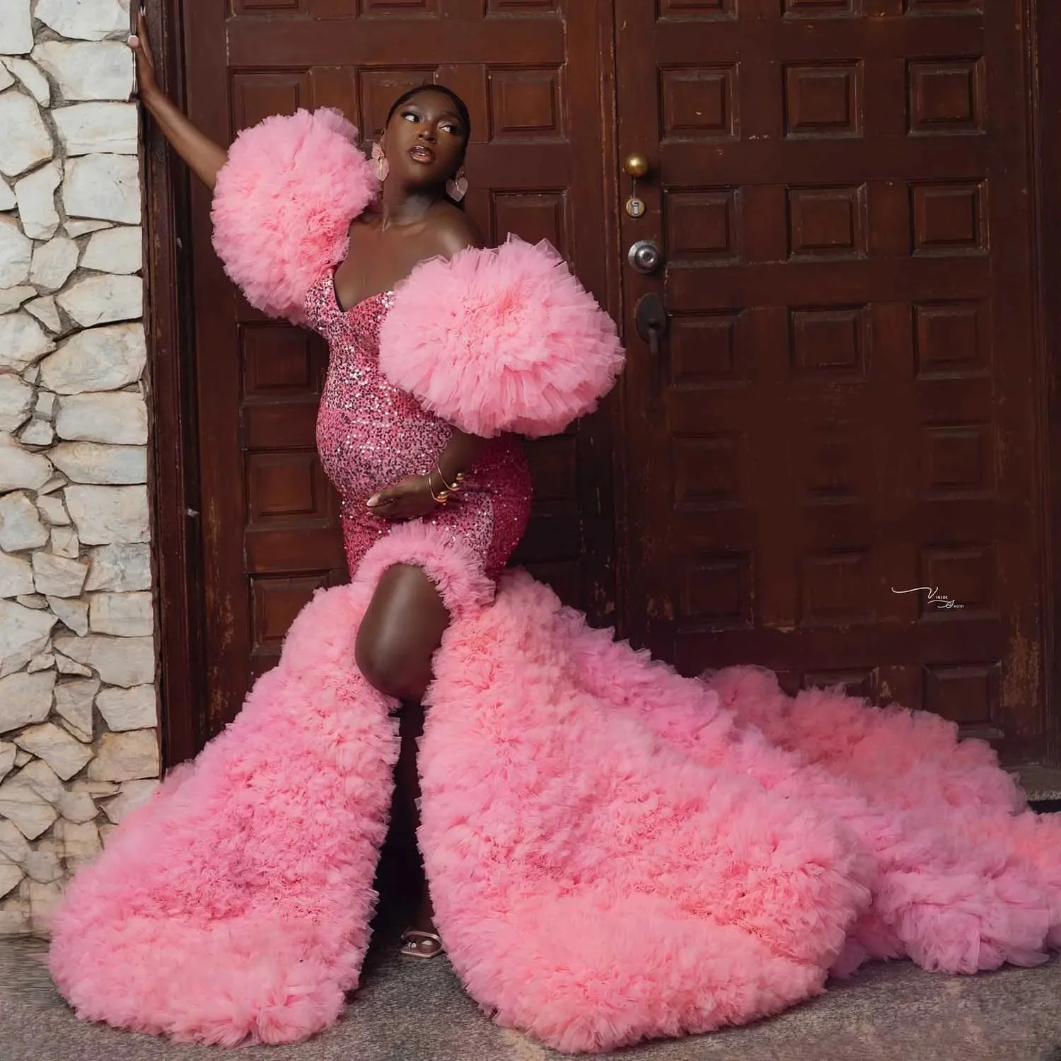 Luxury  Layers Pink Mermaid Maternity Dress for Photoshoot African Ruffles Pregnant Women Dress Sequins Babyshower Dresses
