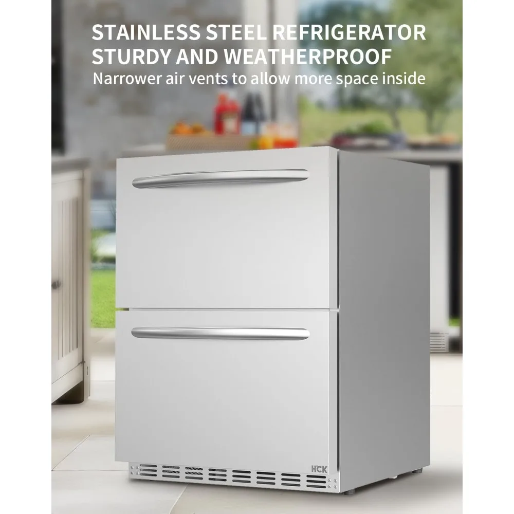 Under Counter Outdoor Refrigerator, 24 Inch Double Drawer Beverage Fridge with Weatherproof Stainless Steel