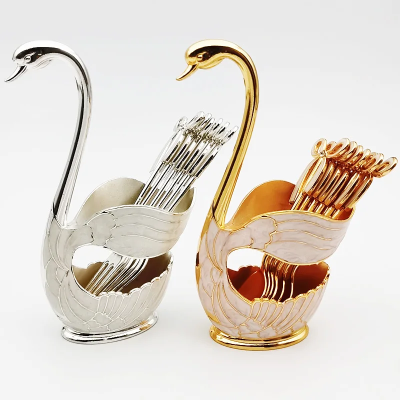 7 stücke Set Schwan Basis kreative Dekoration Geschirr Obst Gabel Dessert Löffel niedlichen Kaffee löffel Kombination Dekoration Ornament
