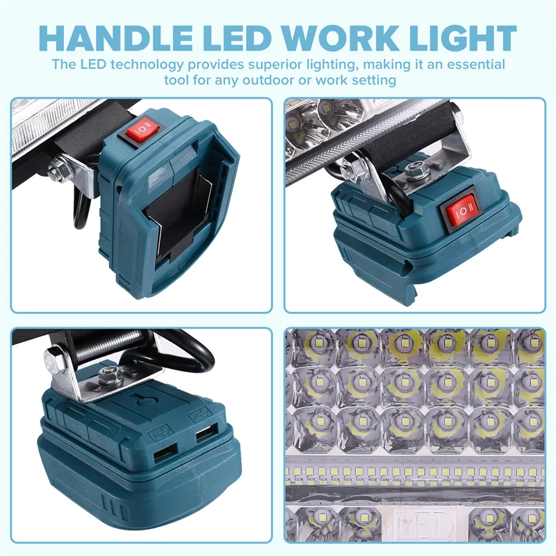 ABJI-LED 캠핑 손전등 작업 조명 18V 14V 듀얼 USB 리튬 배터리 건축 조명에 대 한 7 인치 무선 램프