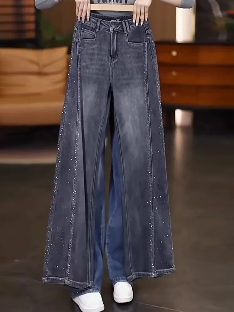 Slim Wide Leg Pants High Waist Women's Spring New Loose Fit Casual Diamond Side Pockets Jeans Comfortable Wear Resistant