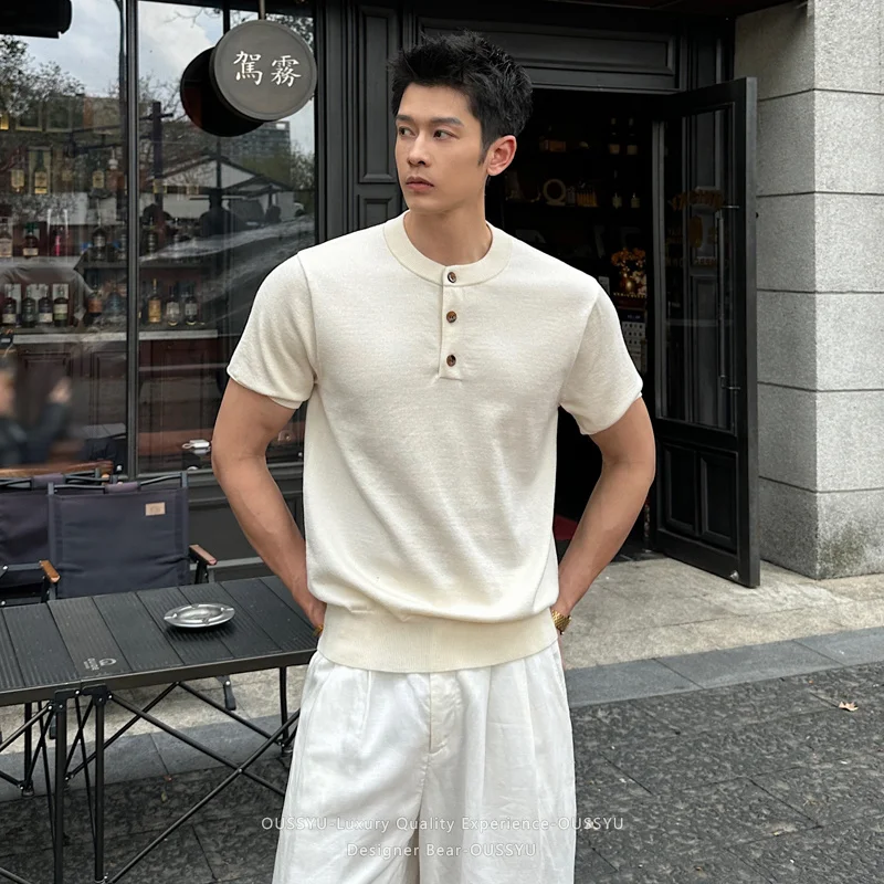 

2026 Men's Short Sleeve Knit Henley Shirt Summer Casual Loose Fit T-Shirt Large Size Breathable Knitwear Top Korean Style