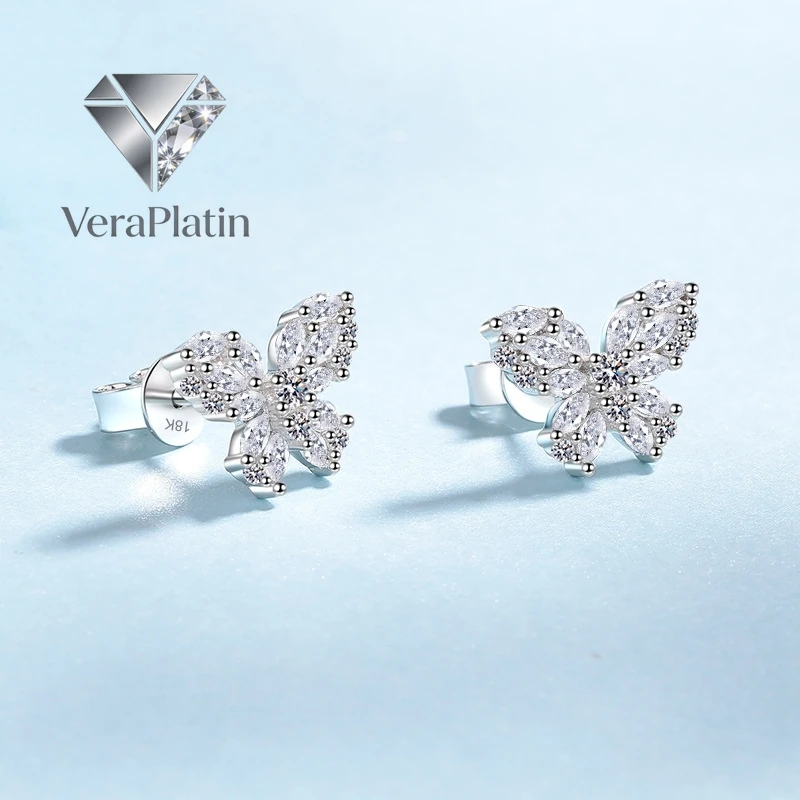 

ВераПлатин Серьги-гвоздики из белого золота 18 карат с муассанитом 1.386 карата для женщин, PT950, подарок на День святого Валентина/День рождения, для девушки, в форме бабочки