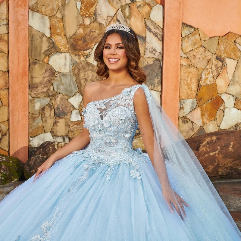 Lorencia Quince anera Kleid Ballkleid eine Schulter 3d Blumen Spitze Applikation Perlen mit Umhang süß 16 vestidos de 15 años yqd606