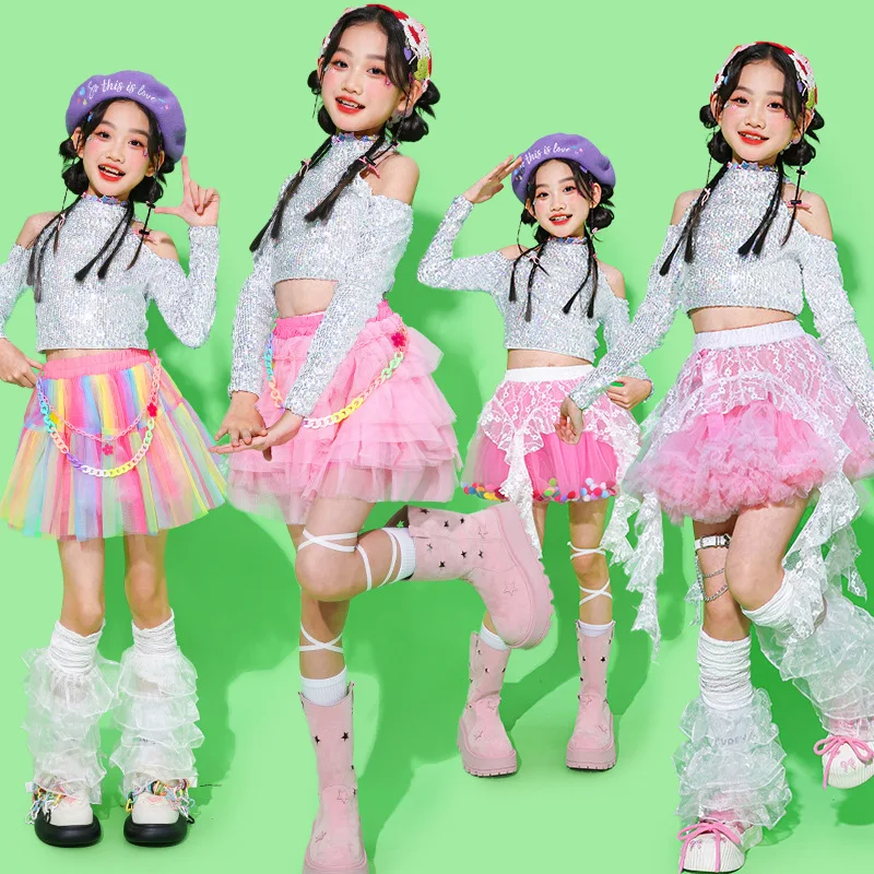 

Костюм для джазовых танцев для девочек, детская одежда для уличных танцев, модный комплект для девочек с серебряными пайетками