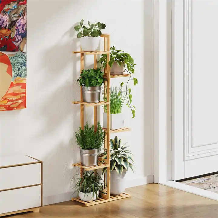 6-Story Indoor/Outdoor Bamboo and Wood Corner Plant Stand Factory Direct Flowerpot Rack for Gardens