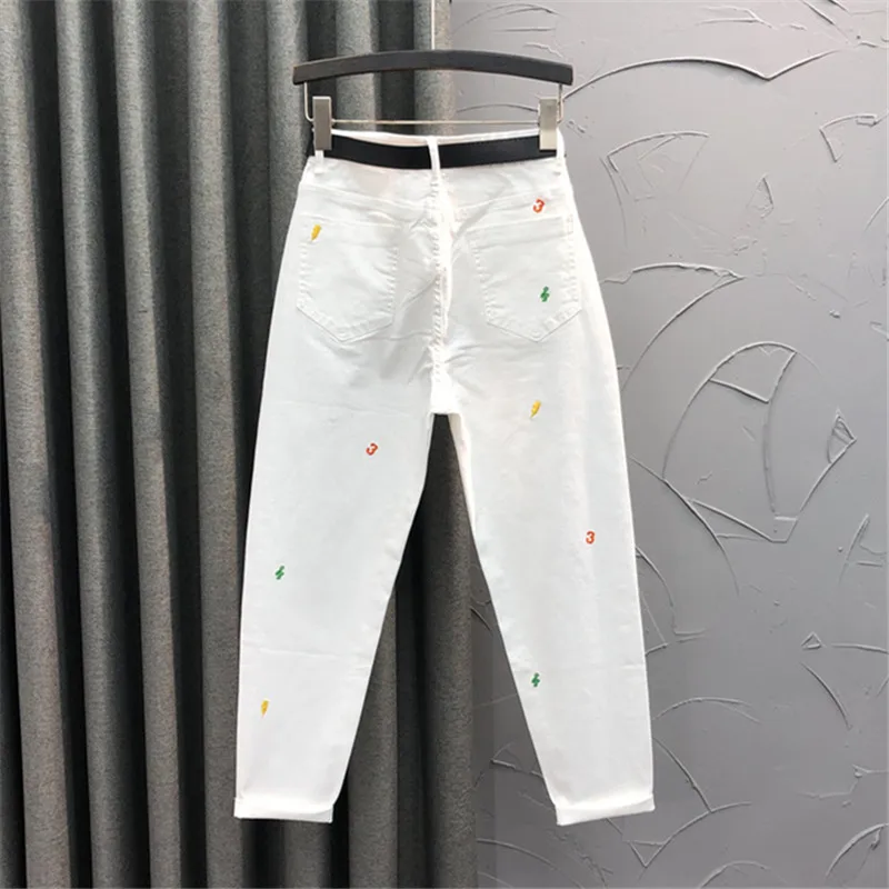 Casual White Jeans Women 2023 Spring Autumn Fashion Embroidery High Waist Denim Harem Pants Pocket Loose Stretch Jeans Female