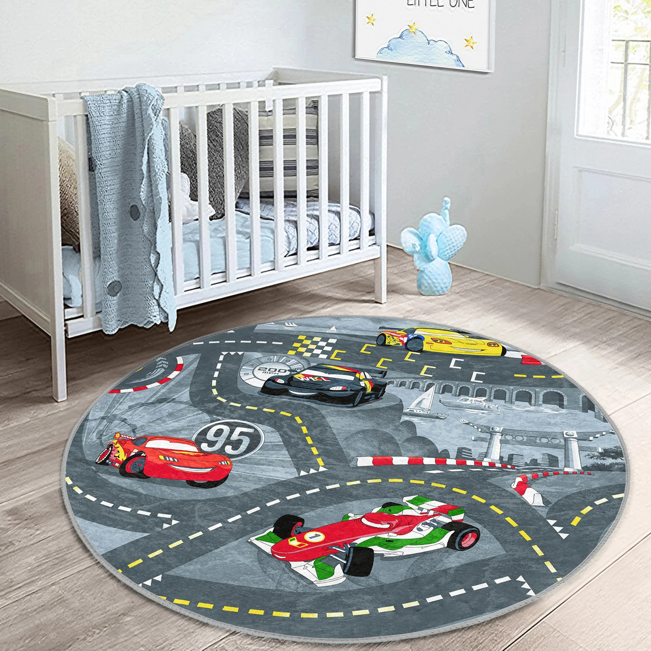 Racing Track Pattern Round Kids Rug,Crystal Velvet Cartoon Race Car Play Mat for Nursery Playroom Bedroom, Non-Slip Floor Carpet