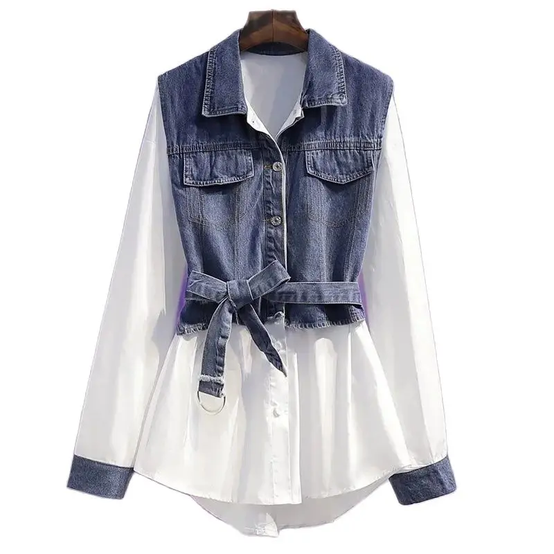 Splicing Denim Spring And Summer New Fashion Plus Size Women's Coat Fried Street Chic Design Fake Two-Piece Coat Tide