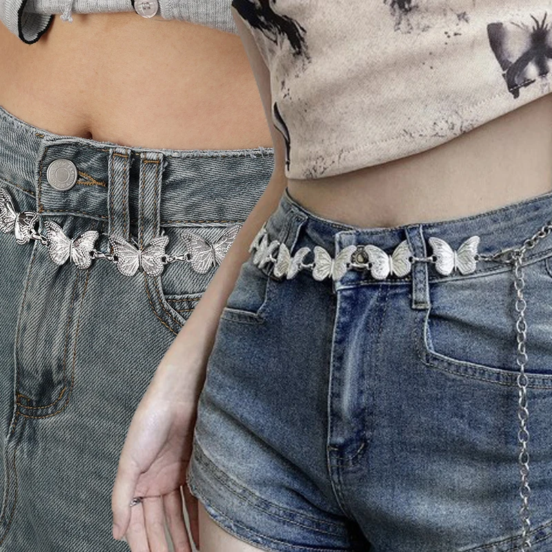 Metal Butterfly Ethnic Waist Chain Women Niche Ring Belt Single Layer Silver Chains Belts Dress Jeans Hollow Embossed Accessory