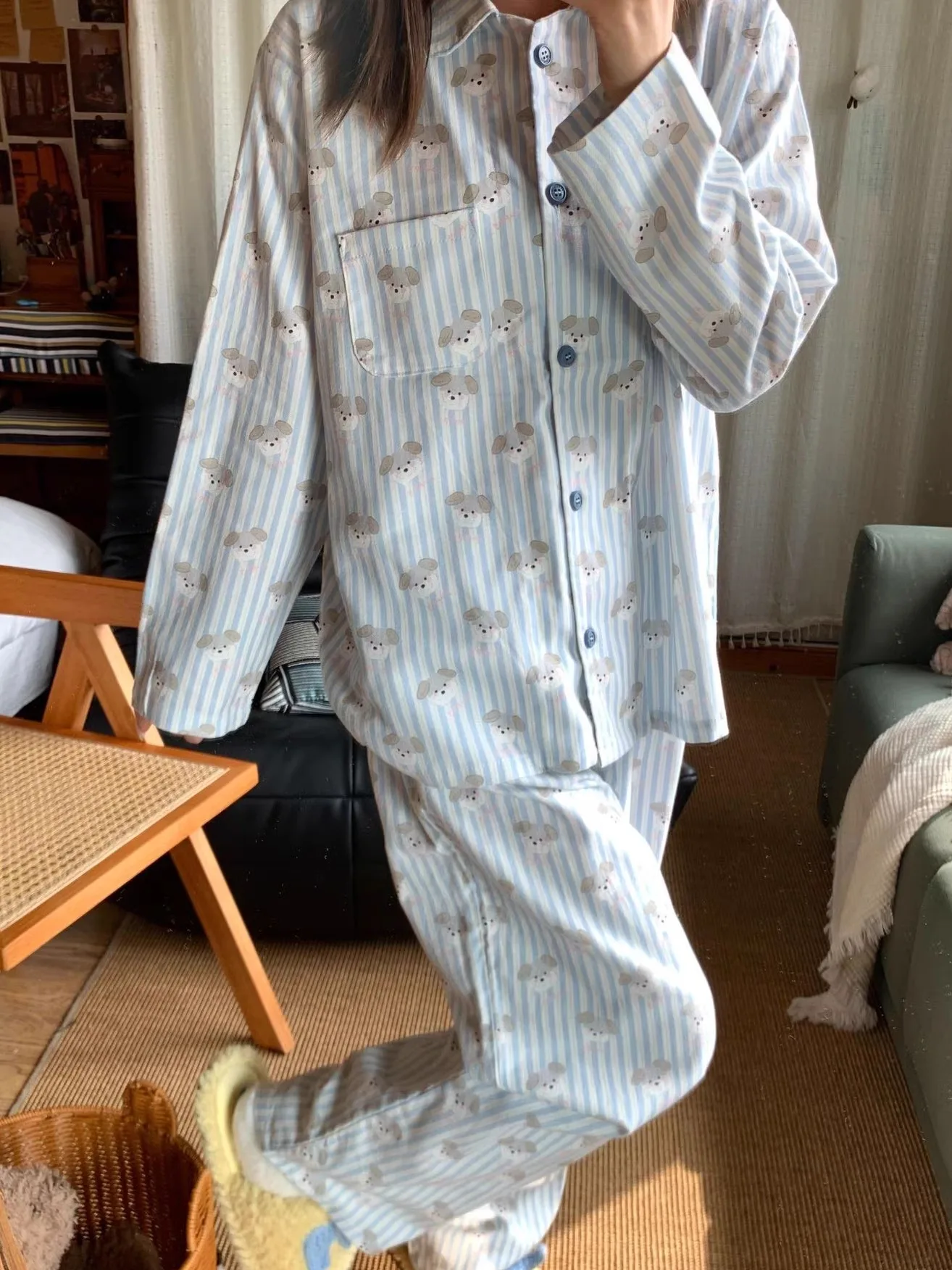 Cute Cartoon Striped Dog Couple Sleepwear Long Sleeve Loose Home Clothes Set for Men And Women Suitable for Spring And Autumn