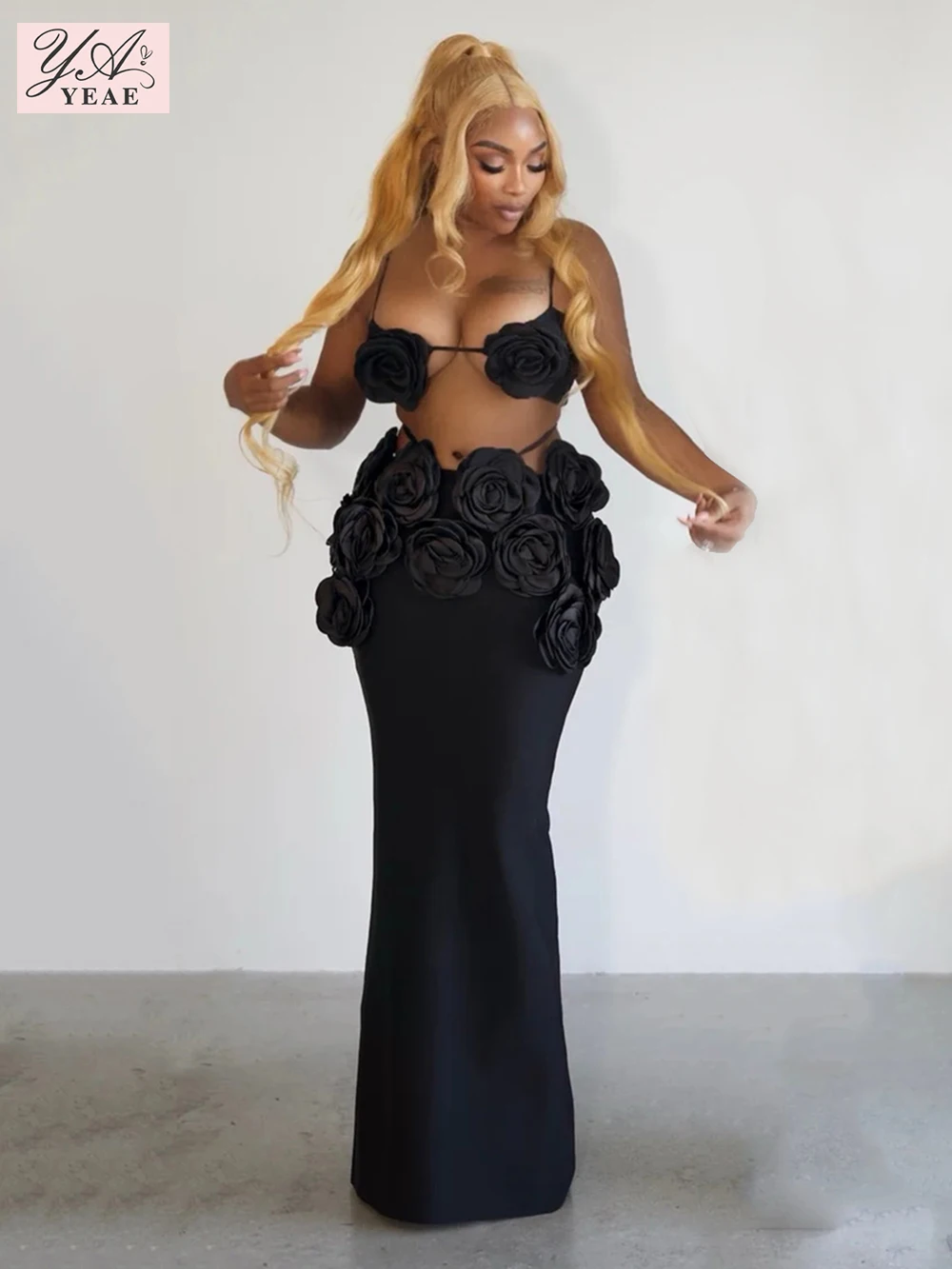 

Women Set Sexy 3D Flowers Black Crop Top + Long Skirt Suit Dress Sets Two 2 Piece Set Party Club Night Outfits Vestidos