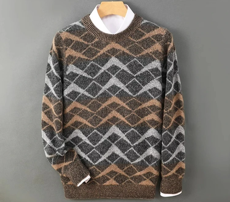 

100% Australian pure wool sweater men's crew neck color matching thickened sweater loose casual cashmere knitted bottoming top