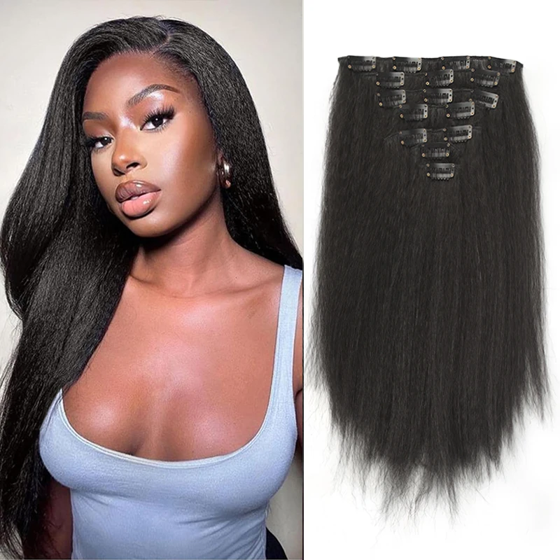 

7 шт. синтетический черный парик для наращивания волос Yaki, прямой зажим для наращивания волос, черный пушистый парик для женщин, ежедневное использование