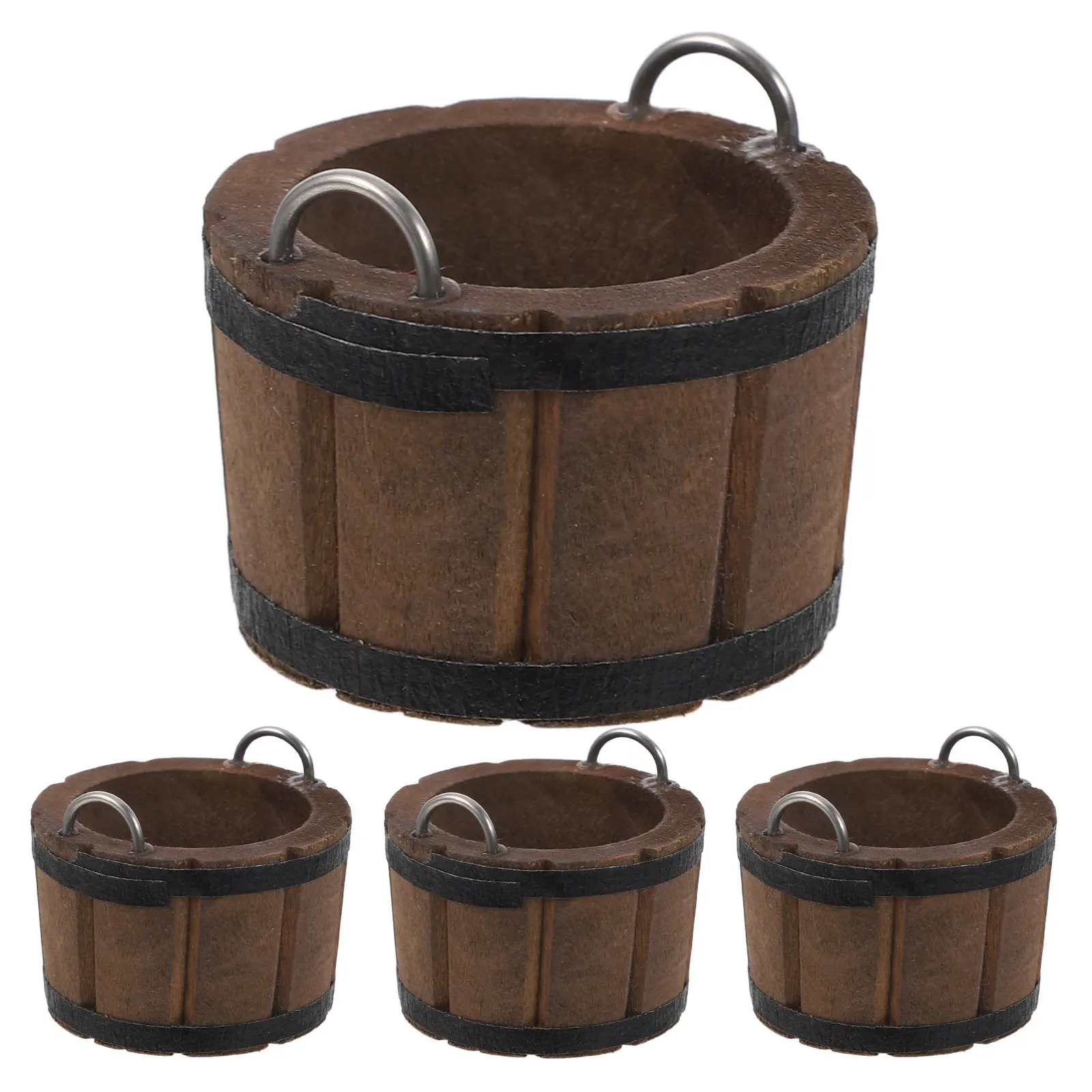 

4Pcs Miniature Wood Barrels Natural Tiny Wooden Pails with Metal Handles Dollhouse Kitchen Decor Rustic Mini Bucket Decoration