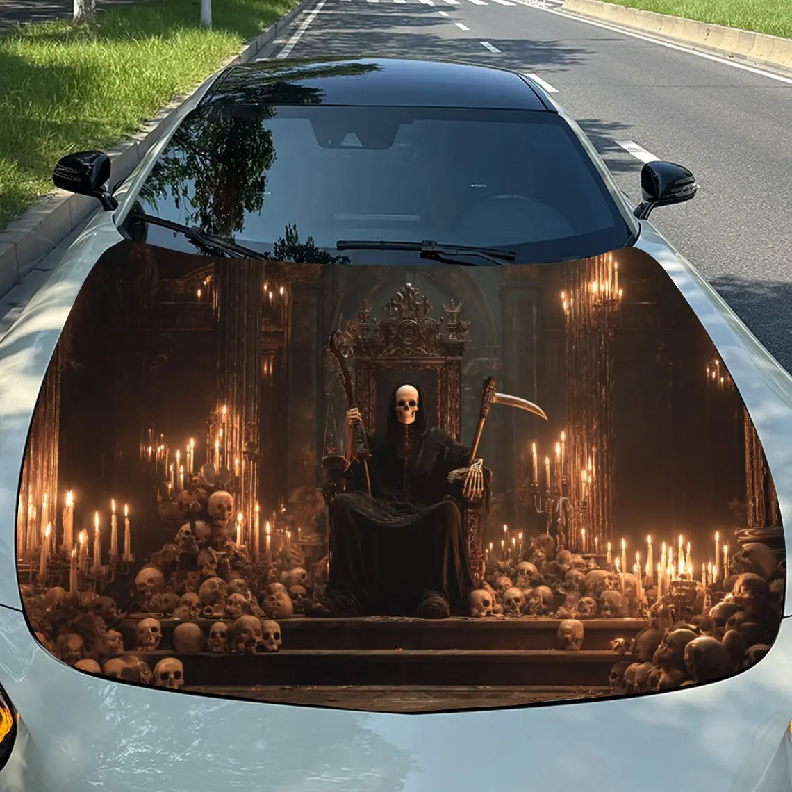 Nether Throne Reaper Candlelit Skull Feast Car Vinyl Wrap، مادة PVC ملصق غطاء السيارة المقاوم للماء، مقاوم للخدش ذاتي اللصق