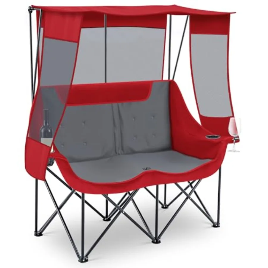 

Double Camping Chair with Canopy - 2 Person Beach Chair with UV Sun Protection 660lbs Heavy Duty Foldable Loveseat with 2 Cup H