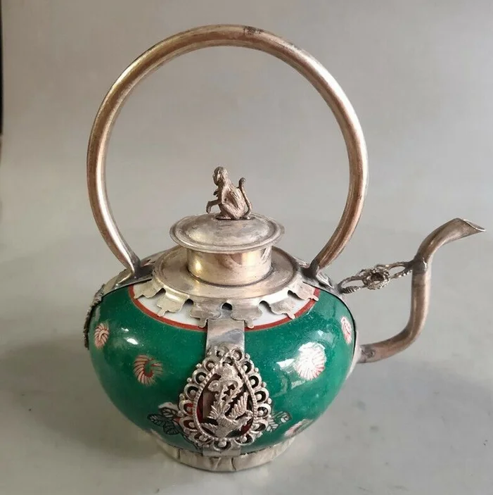 

design silver Superb Tibet Silver Handwork Inlay Blue Porcelain Lion Dragon Teapot pot tools wedding Decoration Brass