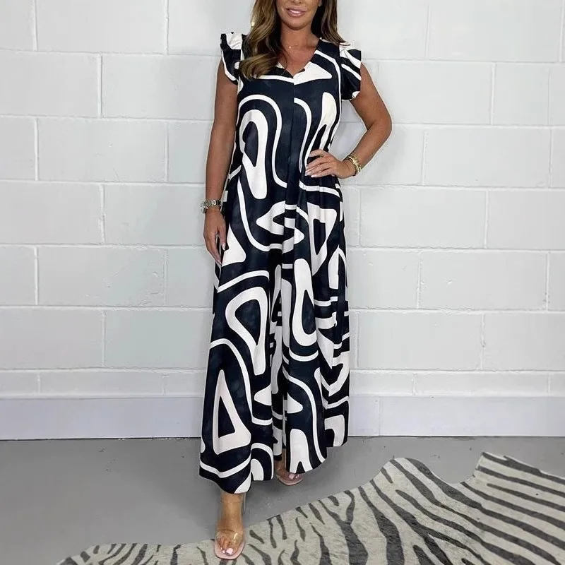 

New Women Printed Casual Jumpsuit Summer Lace-up Ruffle Edge Wide-leg Trousers Fashion Female Sleeveless Sports Jumpsuit 4XL 5XL