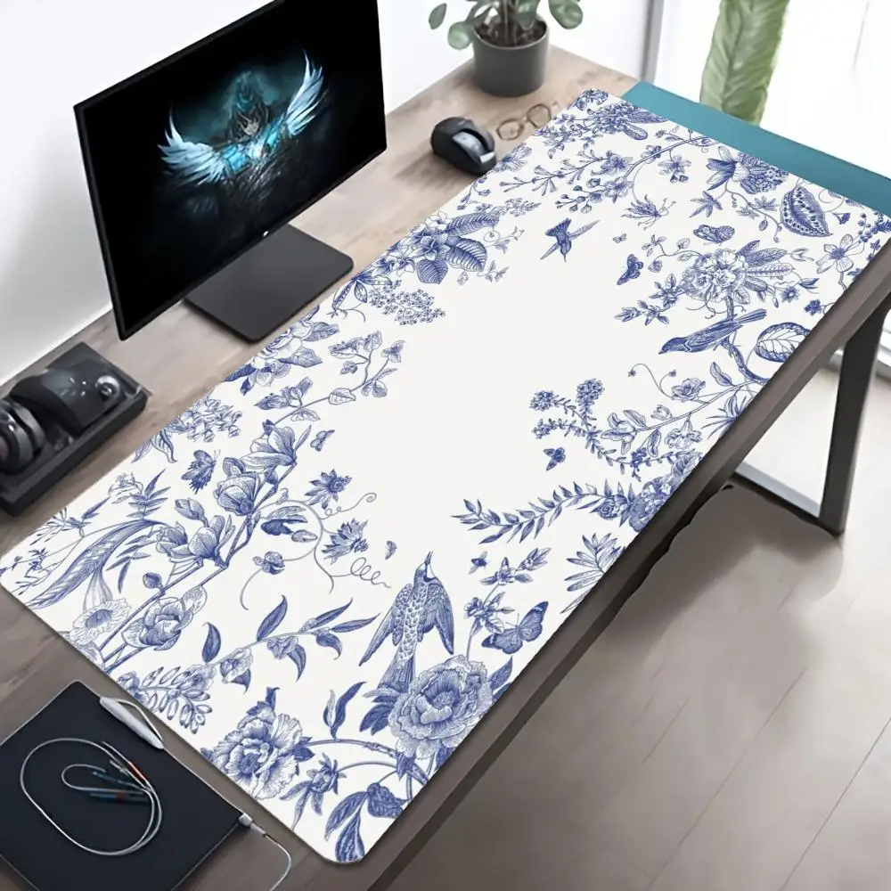 Large XXL Blue Floral Bird Sketch Mousepad Flower Deskmat Non-Slip Overlock Rubber Keyboard Mats Office Game Gaming Accessories