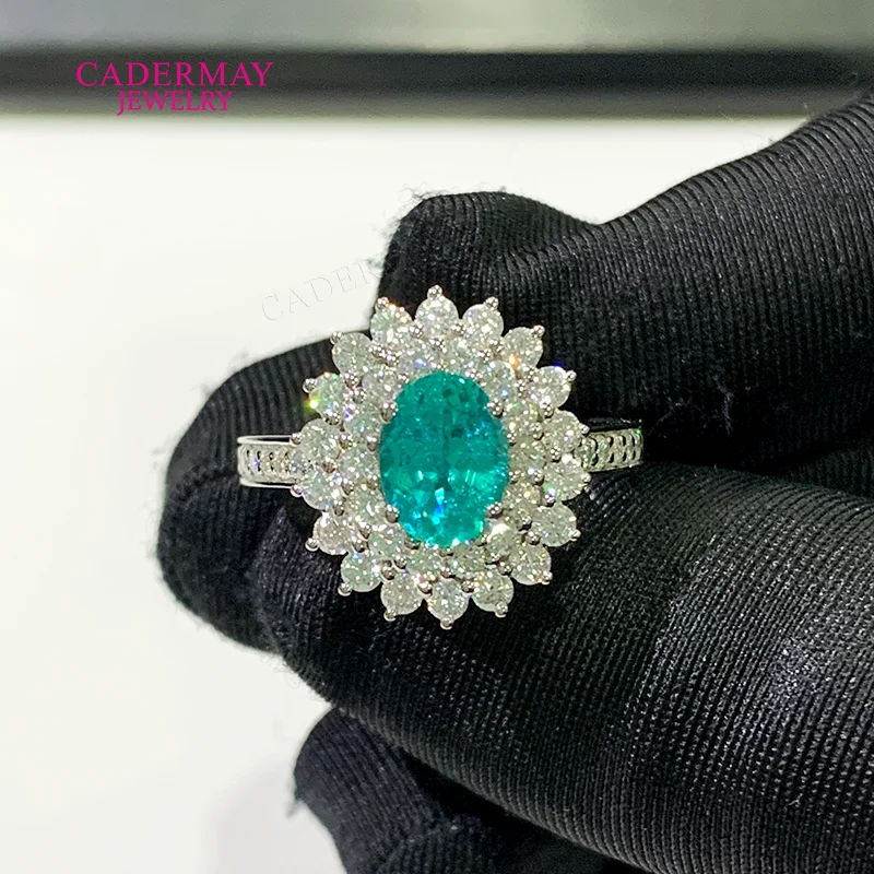 

Luxury 925 Silver Rings 6x8mm Oval Shape Lab Paraiba YAG Ring Moissanite Rings Women Engagement Halo Ring Pave for Women