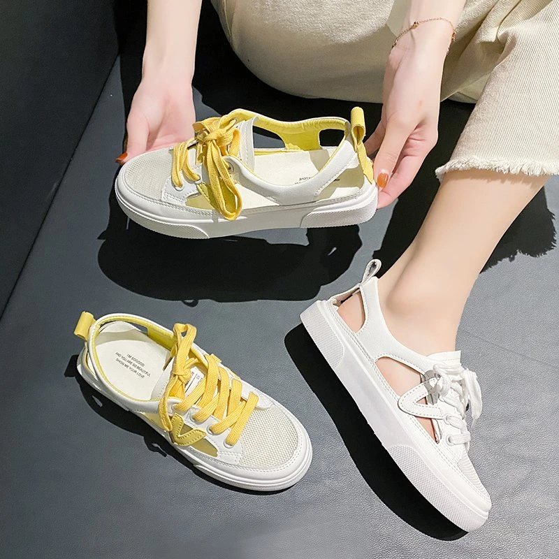 New Women's White Casual Shoes Fish-mouth Sandals Metal Decorative Transparent Breathable Mesh Shoes Large Zapatos Para Mujer