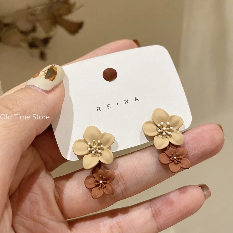 Brown Two Color Flower Drop Dangle Earrings for Women Korean Fashion Jewelry Wedding Party Girl Elegant Jewelry Accessories