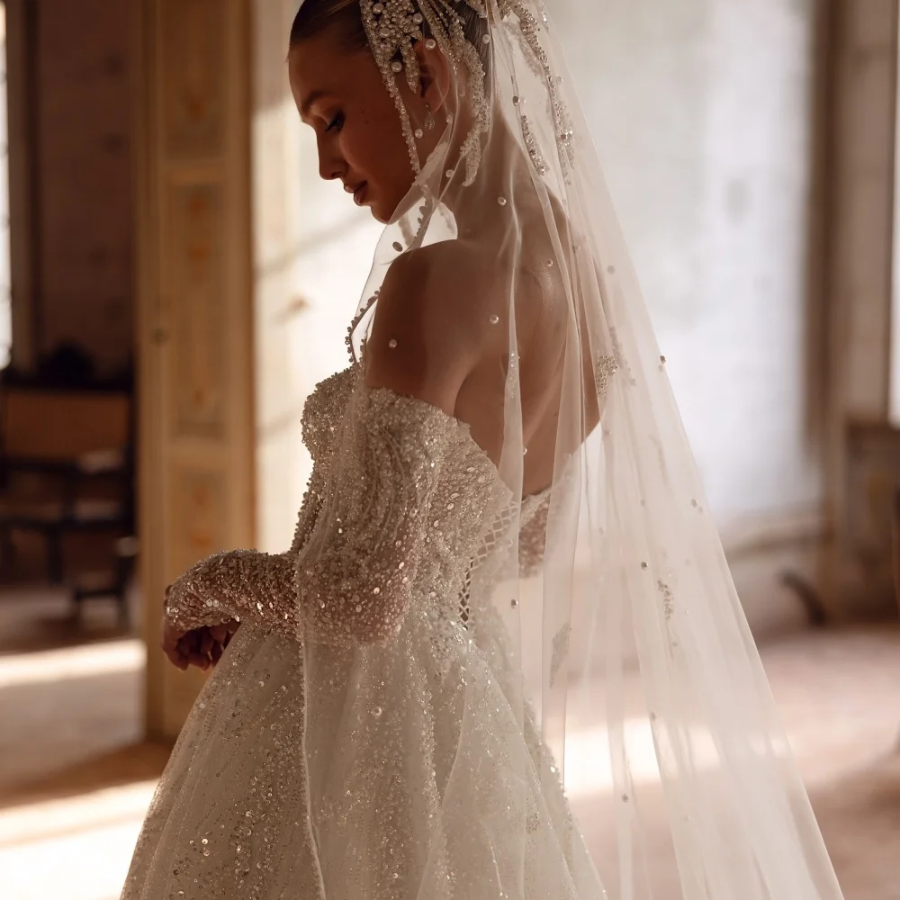 Bella personnalisé perles blanches paillettes perlées maille tissu robes de soirée hors de l'épaule robes de soirée voile robe de mariée