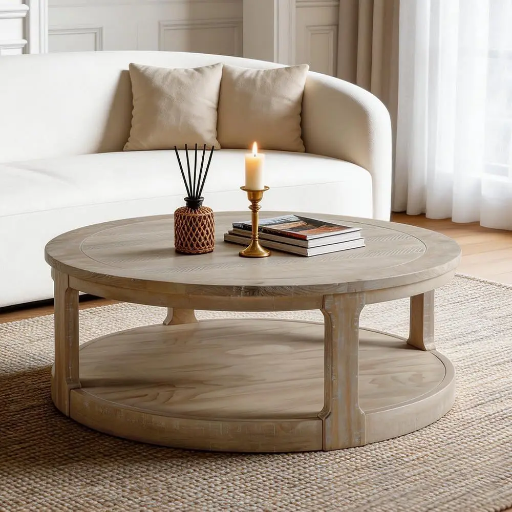 

40 Diameter Wooden 2-Tier Coffee Table with Casters, Vintage-Style Oak Living Room Furniture