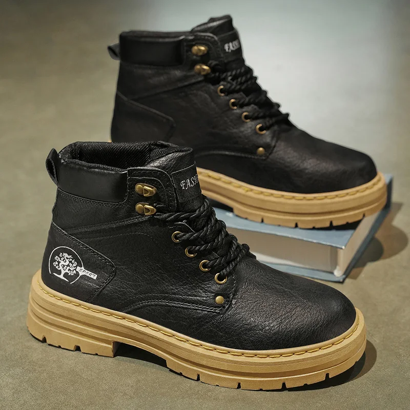 Men's Fashion Spring Platform Boots Comfortable Leather Non-Slip Work Shoes Brown Casual Cowboy Trendy Footwear