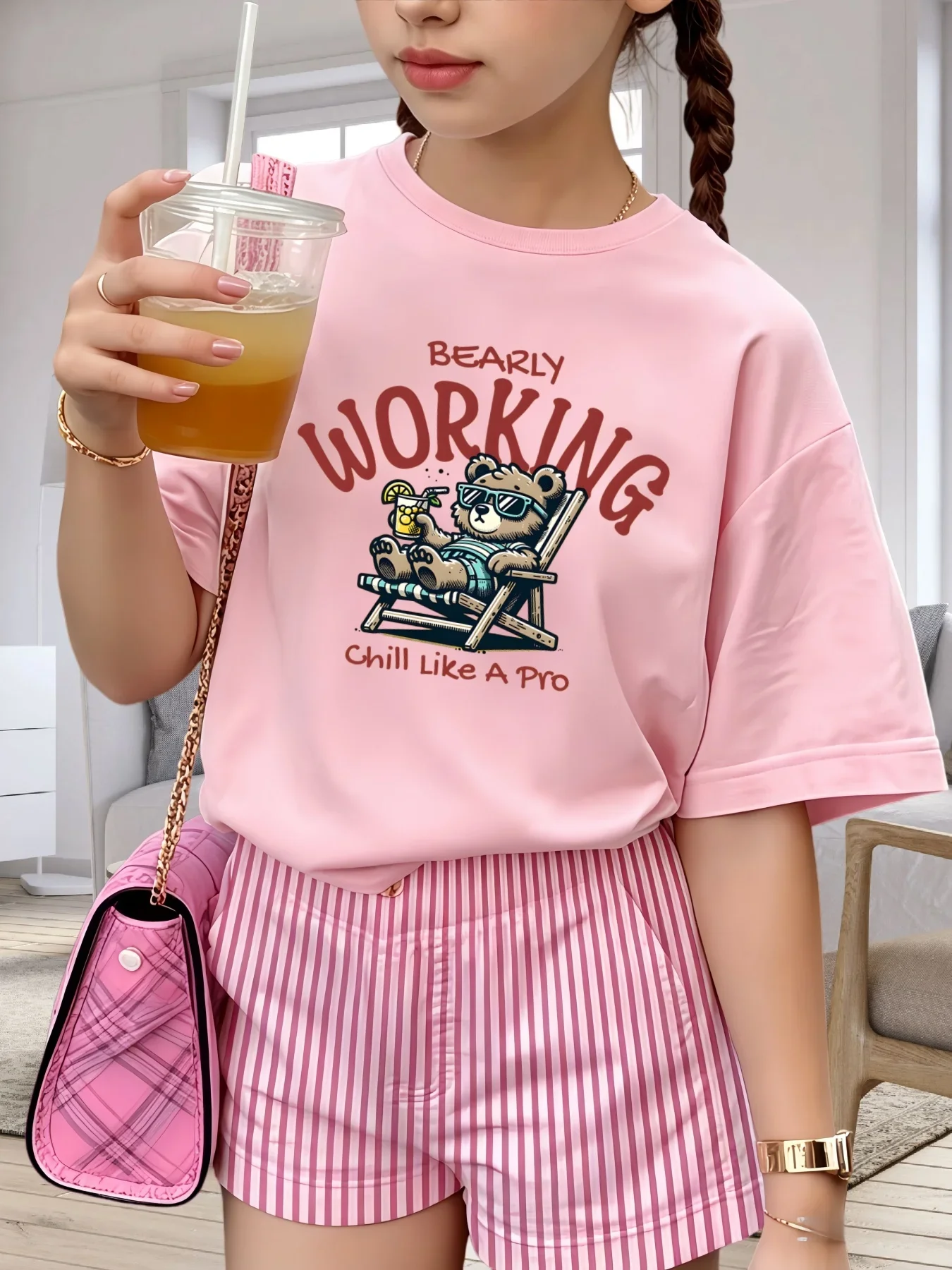Bearly Working Chill Like Pro Beach Lounge Bear Drink Print Kids T-shirt Soft Cotton O-Neck Short Sleeve Unisex Boys Girls Tops