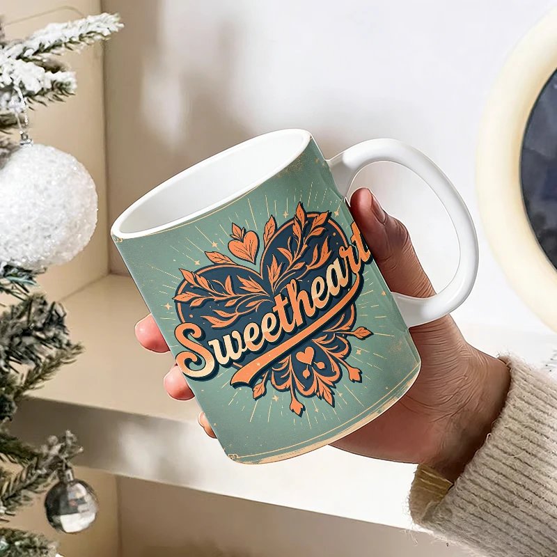 

Retro 'Sweetheart' Floral Heart Ceramic Mug with Handle, Creative Coffee Mug, Insulated Milk Cup, Office Tea Cup, Fade-Resistant