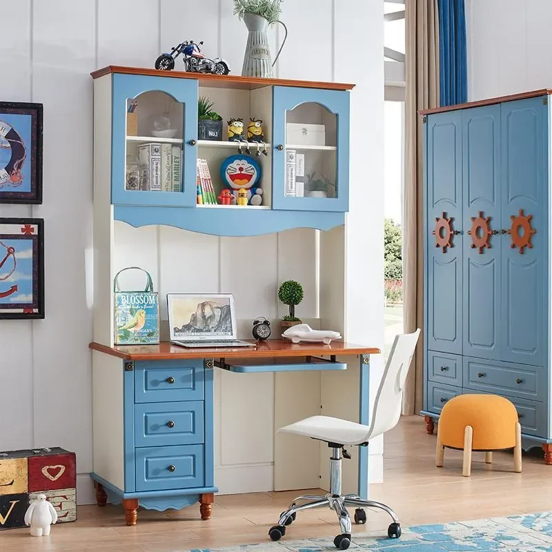 Blue Mediterranean Kids Corner Study Desk with Storage Right Angle Computer Table for Children Bedroom Home Office Furniture