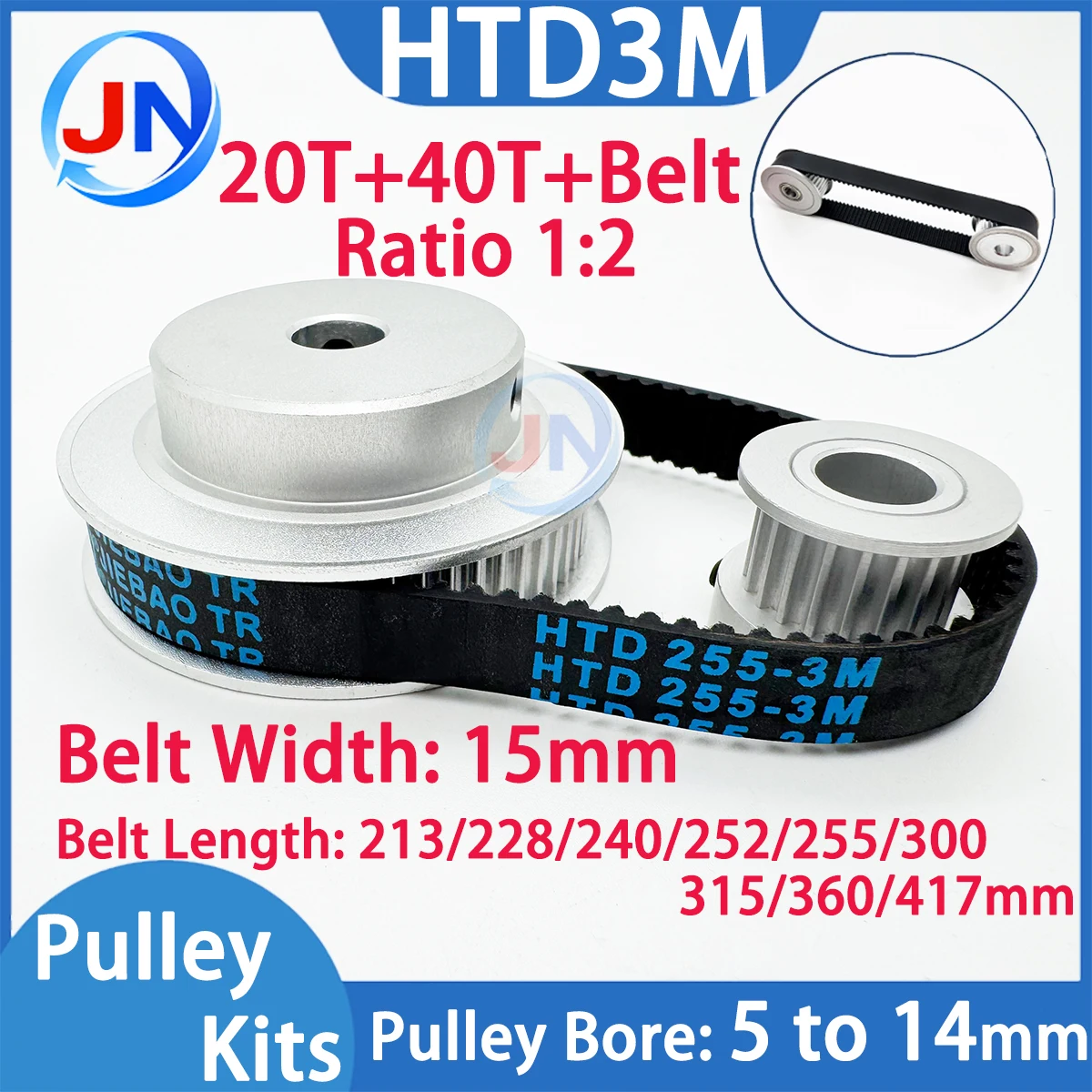HTD 3M Timing Belt Pulley Set 20T 40T Belt Width 15mm Reduction 1:2 20Teeth 40Teeth Synchronous Wheels Set 3M Timing Pulley Kit