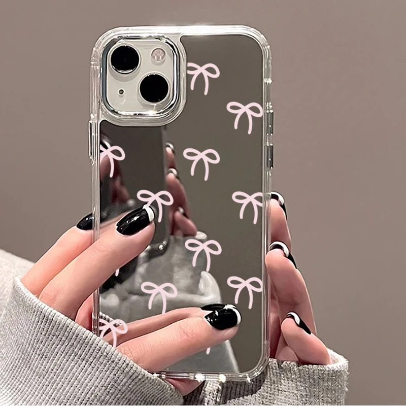 Cute Pink Black Bow Pattern Mirror Phone Case for iPhone 17 16 Pro Max 15 14 Plus 11 12 13 Pro Max 16E Shockproof Clear Cover - view 4
