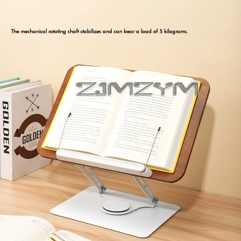 

Solid Wood Book Stand for Reading Adjustable Book Holder with 360° Rotating Base Elastic Page Clips Foldable Desktop Riser Stand
