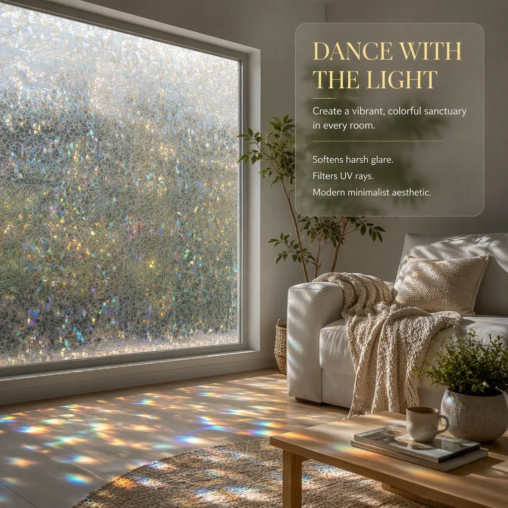 3D Rainbow Privacy Window Film Static Cling Prismatic Holographic Glass Sticker Non-Adhesive Film for Bathroom Bedroom