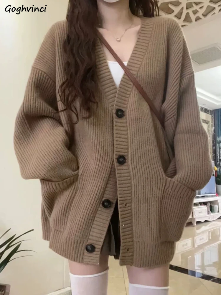 

Кардиганы женские винтажные простые с v-образным вырезом для отдыха модные свитера Ulzzang верхняя одежда универсальные мешковатые милые осенне-зимние студенческие повседневные