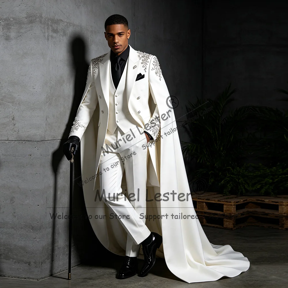 Men Suit Set For Wedding Luxury Crystals Beading Groom Tuxedo With Cape Long Customized Male Banquet Clothing 3 Piece Man Outfit