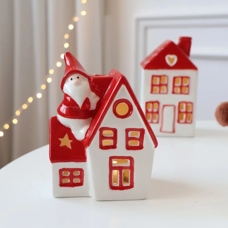 Christmas Ceramic Candlestick Hand drawn Red Small House ornament Snowman Elk Decoration Family Festival Party Table Decoration