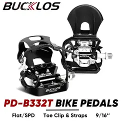 BUCKLOS Bicycle MTB Lock Pedal with Toe Clip Dual Function Flat/SPD Mountain Bike Pedals 9/16'' Sealed Bearing Bicycle Pedal