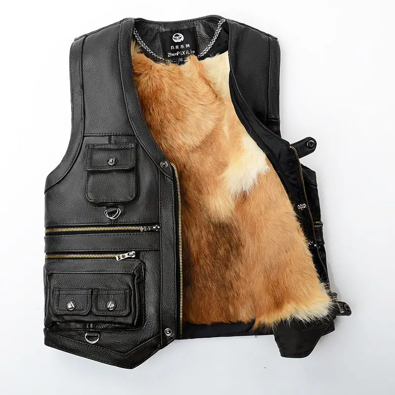 Mens Genuine Leather Cowhide Vest  Middle Aged and Elderly Men's Winter Vest Integrated with Fur and Thick Wool Lining Vest