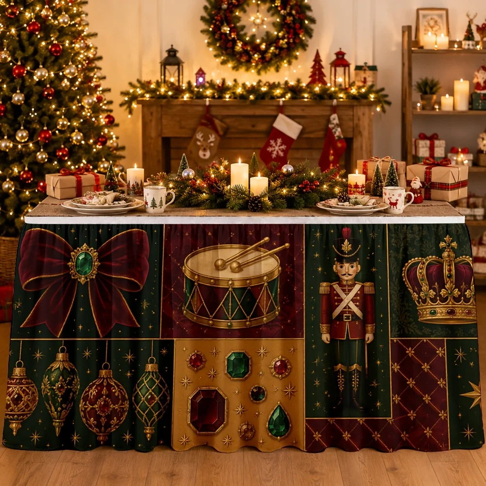 One tablecloth or table skirt, featuring a festive theme pattern, including blooming flowers, shells, soldiers and crowns.