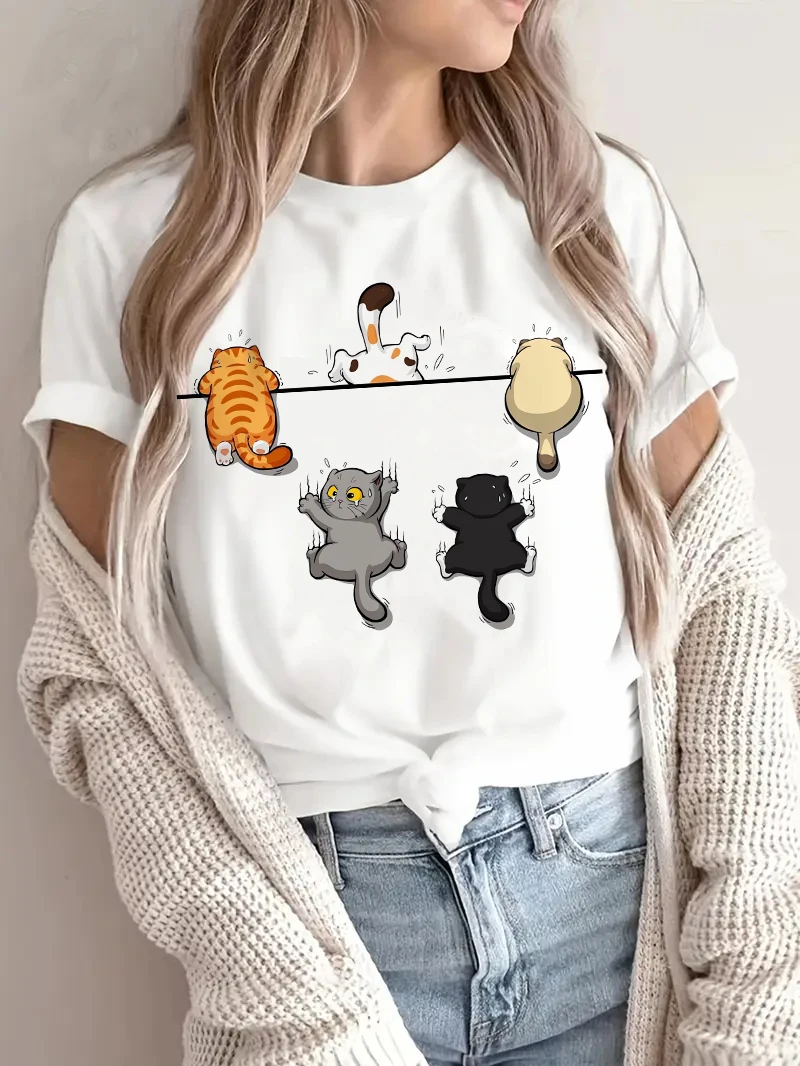 Kawaii Playful Cat Print Casual T-Shirt Graphic Print Design Round Neck Tee Spring Summer T Shirt Harajuku Clothing Women Girls