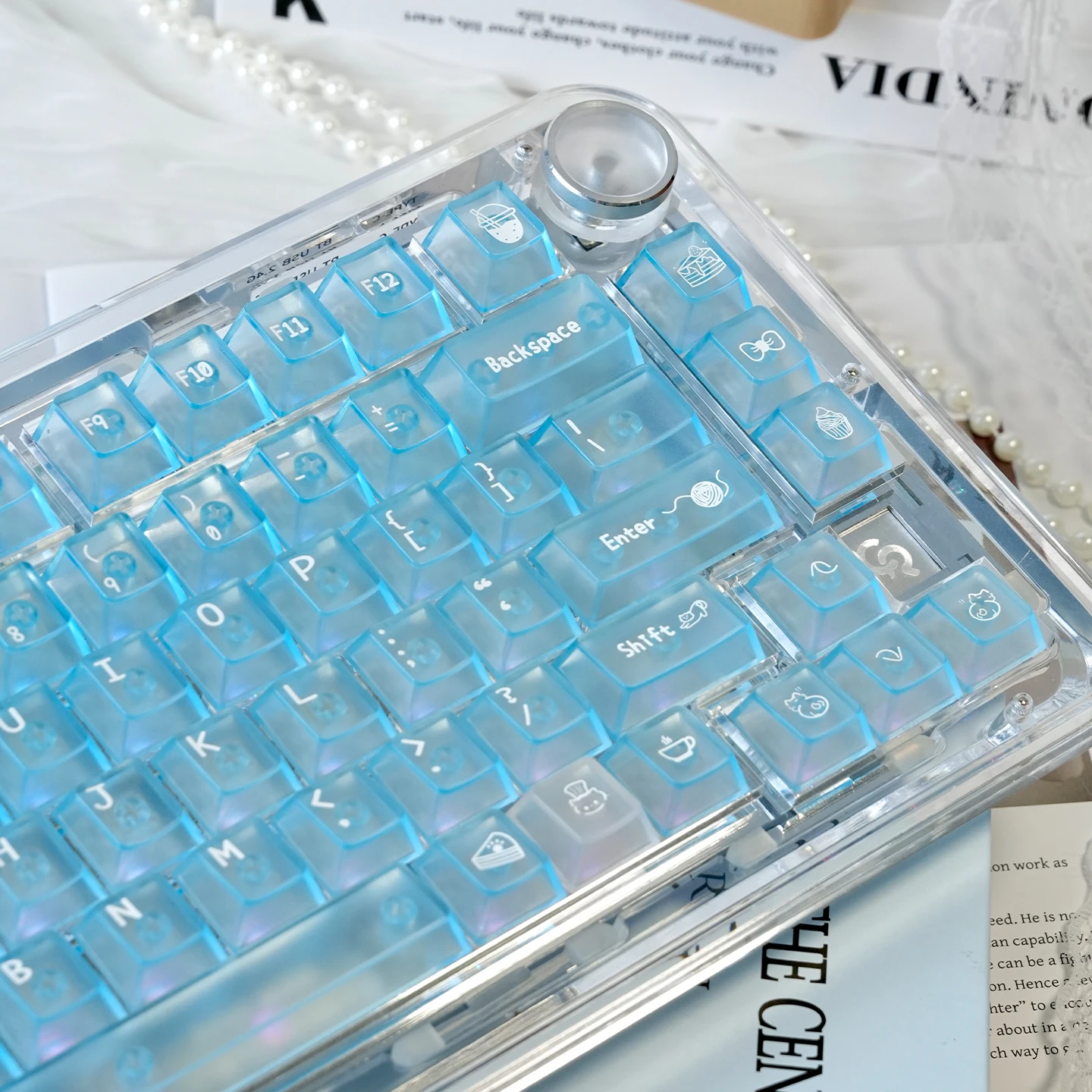136 Keys Gradient Blue Crystal Clear Keycaps Cherry Profile Transparent Keycaps Cute Kitten Cat Key Caps For Mechanical Keyboard