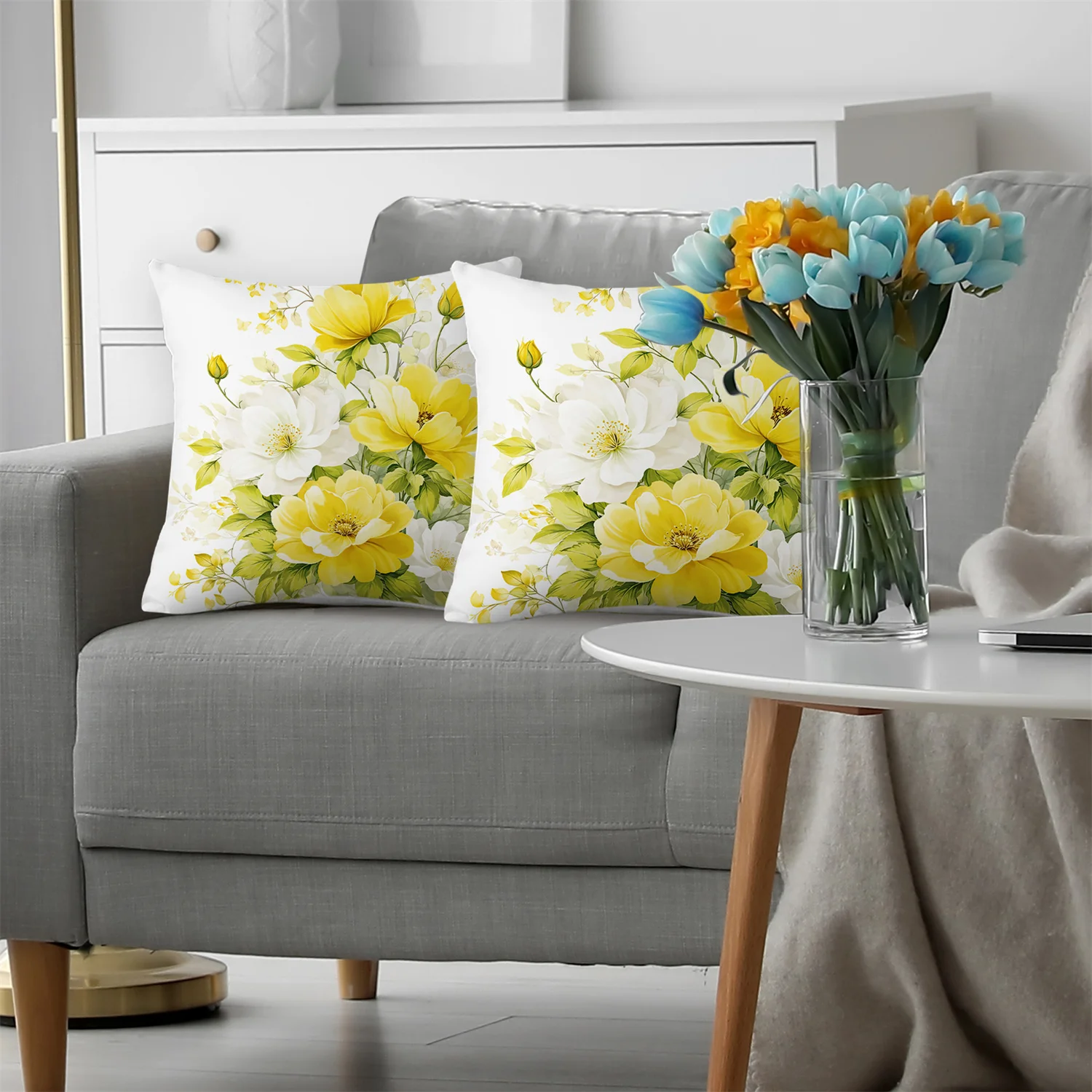 1PC Throw Pillow Cover,Yellow Daisy Flower Print,Botanical Fresh Style,For Sofa Bedroom Couch Home Decor
