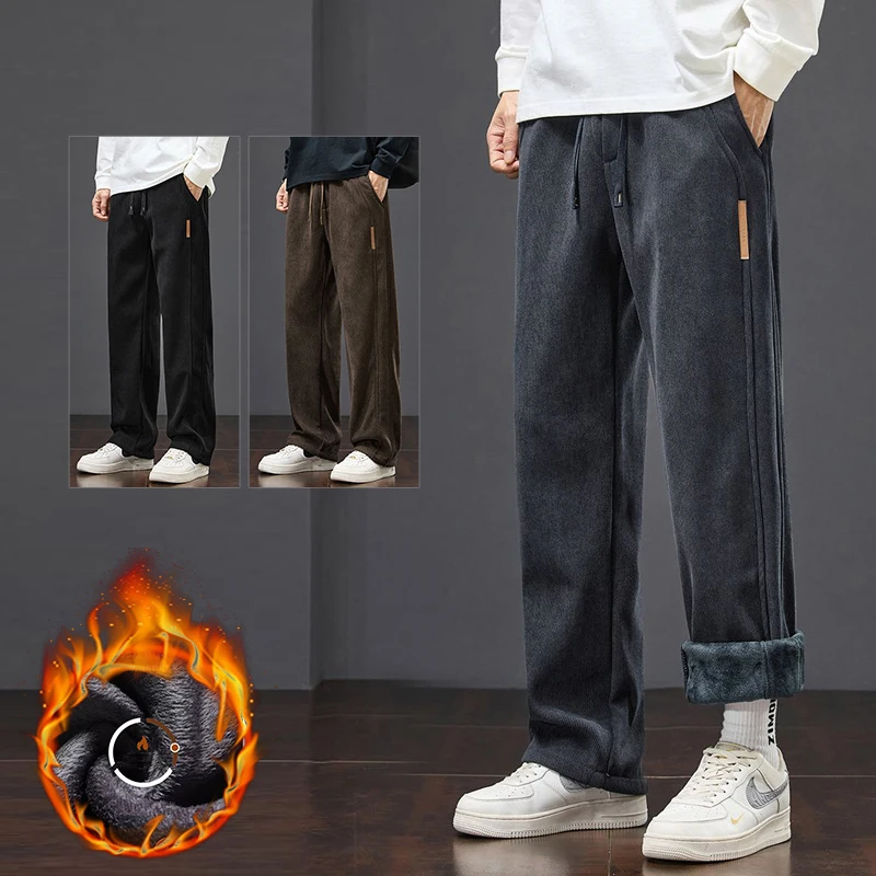 

High Quality Brand Clothing Winter Fleece Warm Corduroy Pants Men Cargo Work Thick Baggy Streetwear Joggers Brown Trousers Male