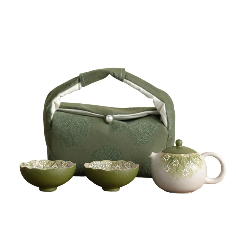 Green Hand-painted Daisy Flowers One Pot and Two Cups Kung Fu Teapot and Teacup Colorful Tea Ceremony Combination Travel Tea Set