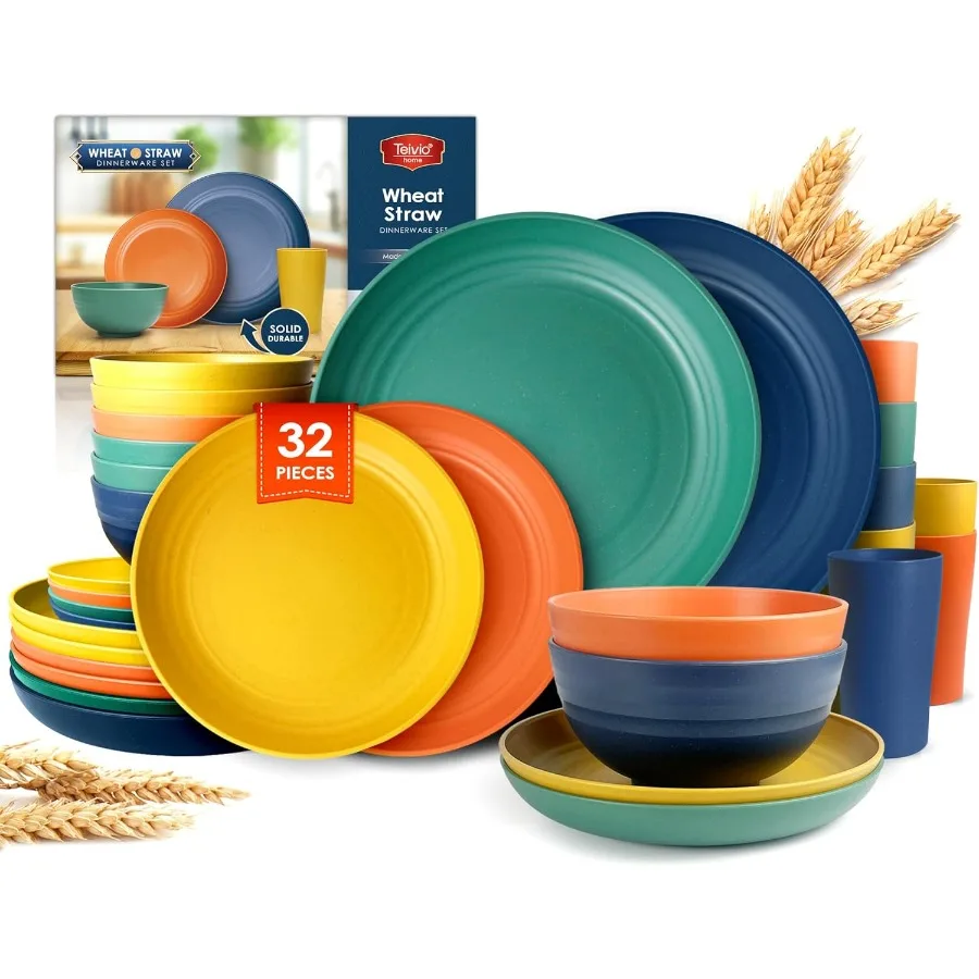 

32Piece Kitchen Plastic Wheat Straw Dinnerware Set Service for 8 Includes Dinner Plates Dessert Plate Cereal Bowls Cups Unbreak